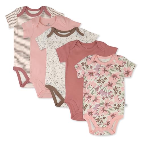 HonestBaby 5-Pack Short Sleeve Bodysuits One-Piece 100% Organic Cotton for Infant Baby Girls, Painted Floral Pink,0-3 Months