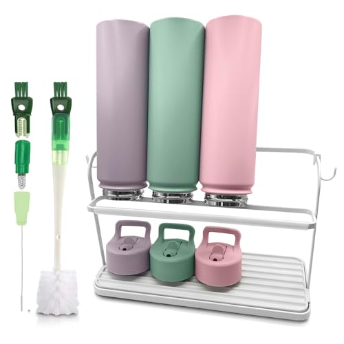 Wakubon Bottle Drying Rack for Kitchen Countertop, Space Saving Storage Stand with Drainage Tray, Two-Tier Design for Tumblers, Baby Bottles, Water Bottle Drying Rack with 5-in-1 Bottle Cleaning Brush