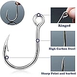 FishTrip 50pcs Inline Fishing Hooks for Treble Hook Replacement, in-Line Single Forged Eyed Hooks with Split Rings for Lures Plugs Saltwater Freshwater