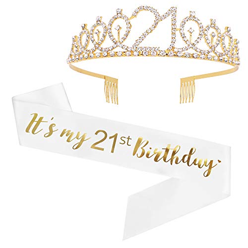 ADBetty 21st Birthday Tiara and Sash Set - White Sash/ Gold Foil Lettering, Rhinestone Tiara for Girl, 2 Piece Set, Costume Headwear for Young Adults, Perfect for Party Favors and Decorations