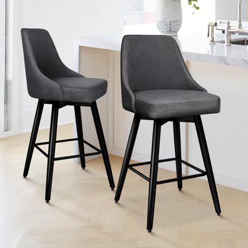 ALFORDSON Bar Stools Set of 2, Swivel Counter-Height Stools, Comfortable Linen Bar Chairs with Back, Modern Armless Chairs for Kitchen Islands and Dining Rooms, Grey