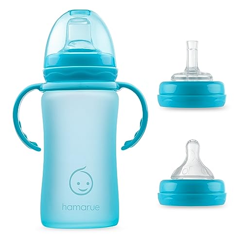 Hamarue 3-in-1 Glass Sippy Cups for Toddlers | Silicone Coated Glass Baby Bottles | Non-Toxic Transition Cup for Baby with Removeable Handles | Baby Straw Cup NB+,3M,6M,12M (Teal, 8 oz)