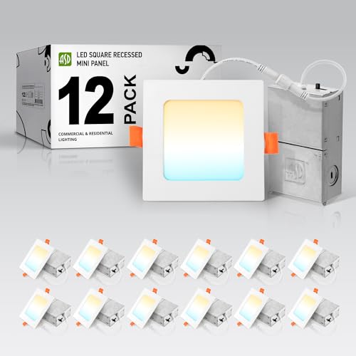 ASD 12 Pack LED Square Recessed Lighting 4 Inch, 5 CCT 2700K-5000K CRI90+, 12W 50W Eqv, Ultra Thin Dimmable Ceiling Lights with J Box, Canless Wafer Downlight, Slim Panel Light, UL Energy Star, White