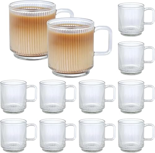 Catsayer 12 PACK Premium Glass Coffee Mugs with Handle, 12 OZ Classic Vertical Stripes Glass Coffee Cups, Transparent Tea Cup for Hot/Cold Beverages, Glassware Set for Americano, Latte, Cappuccino