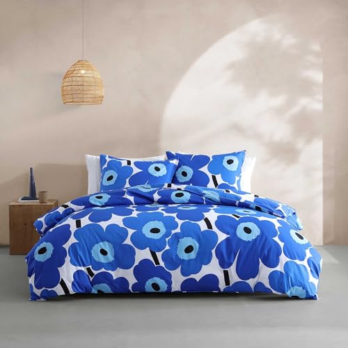 Marimekko - Full/Queen Duvet Cover Set, Cotton Percale Reversible Bedding with Matching Shams, Floral Home Decor (Unikko Blue, Full/Queen)