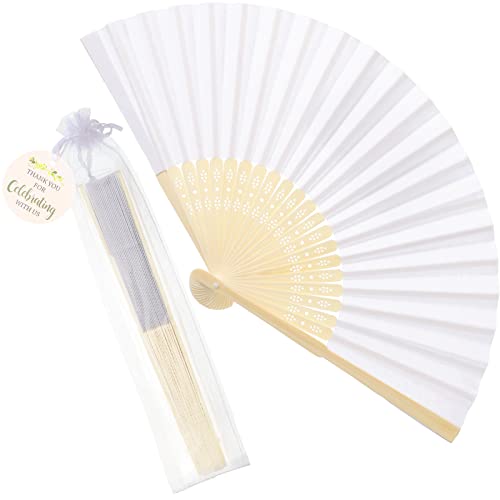 Cosweet 60 Set Wedding Hand Fans with Thank You Tags & Organza Bags, White Paper Fans Bulk Bamboo Decorative Folding Fans for Wedding Guests Party Favors Bridal Shower Church Decoration