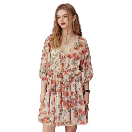 ELFSACK Womens Floral Mini Dresses Chiffon Printing with Lined 3/4 Sleeves Flowy Relaxed Summer, L