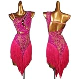 BiLkar Cutout Latin Dance Dress Full Diamond Cha Cha Costume Fringe Ballroom Competition Dancewear Dance Outfit Rose Red