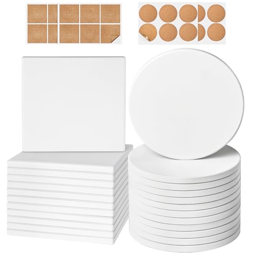 Ceramic Tiles for Crafts, GOH DODD 24 Pack Unglazed Blank Coasters with Cork Backing for Alcohol Ink Painting Acrylic Pouring Art Projects Housewarming Gifts Wedding School Education, 4 Inch, White