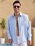 INCERUN Men's Beach Button Down Shirt Collared Long Sleeve T Shirt with Pocket Light Blue Large