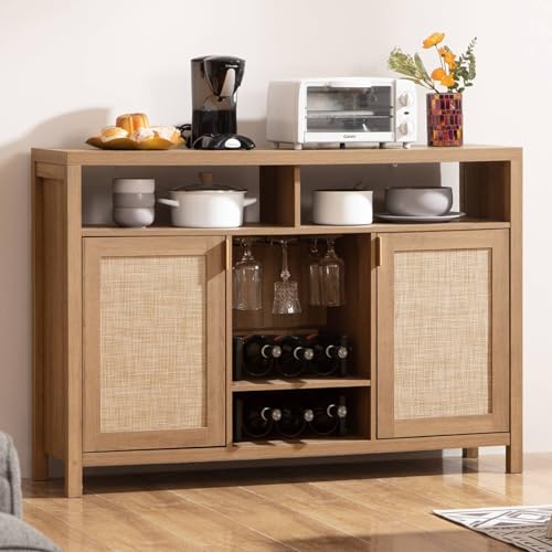 SICOTAS Coffee Bar Cabinet, 51" Rattan Sideboard Buffet Cabinet with Storage, Boho Farmhouse Liquor Cabinet with Wine Racks Credenza Console Table for Home Living Dining Room Entryway, Natural