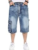 Yeokou Men's Loose Hip Hop Cropped Jeans Work Denim Shorts with Cargo Pockets (40, Light Blue)