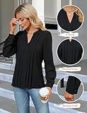 Blooming Jelly Women's Dressy Casual Blouses Business Work Tops Trendy Black Long Sleeve V Neck Pleated T Shirts 2025 Fall Outfits (Black,X-Large)