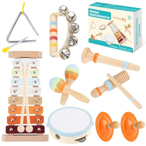 Ranqibo Musical Instruments for Toddlers 1-3 - Eco-Friendly Wooden Percussion Set with Xylophone, Tambourine, and Maracas in Neutral Colors - Montessori Toys for Perfect Educational Gift for Kids