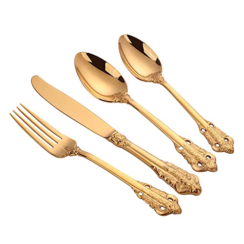 Silverware Set, 4/8/16/ 24pcs Golden Dinnerware Vintage Cutlery Gold Plated Wedding Tableware Stainless Steel Dining Knife Fork Spoon Teaspoon BY ZZYY (Color : 4 Sets 16PCS)