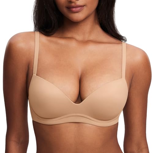 DOBREVA Women's Push Up Bra No Underwire Comfortable Wireless Bras Padded Plunge Warm Beige 40A