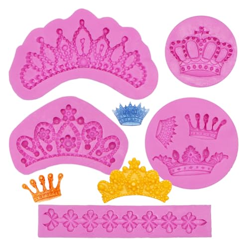 Crown Fondant Silicone Molds, 3D Princess Crown Chocolate Molds, Crown Shaped Lace Cake Border Decorating Baking Molds for Wedding Birthday Cupcake Topper Candy Gum Clay Resin DIY Craft Set of 5