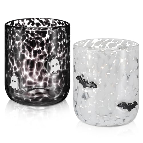 Funnymoom 2 Pcs Icon Glass Cups - 16 oz Cute Icon Juice Glass Double Old Fashioned Hand Blown Drinking Cups for Holiday Party Home Decor Lovely Gifts(Halloween Style)