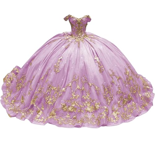 Mouccy Elegant Beaded Lilac Quinceanera Dresses Ball Gown Puffy Lace Petite XV Dresses for Quinceanera with Train 2025 Sparkly Off Shoulder Sweet 15 16 Dresses with Bow 2
