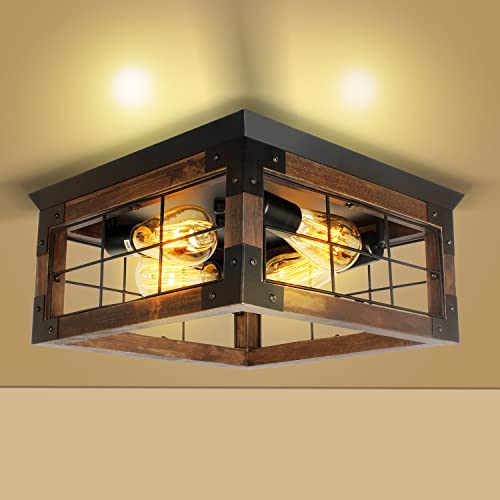 Farmhouse Flush Mount Ceiling Light, 4-Lights Rustic Wood Square Ceiling Light Fixture Kitchen Light Fixture, Farmhouse Light Fixtures for Dining Room Kitchen Livingroom Bedroom Porch