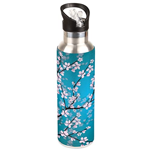 YoCosy Insulated Stainless Steel Water Bottle with Straw 20oz Japanese Cherry Blossom Flower Floral Sports Water Bottles BPA Free Leakproof Metal Vacuum Flask Jug for Kids Gym Fitness