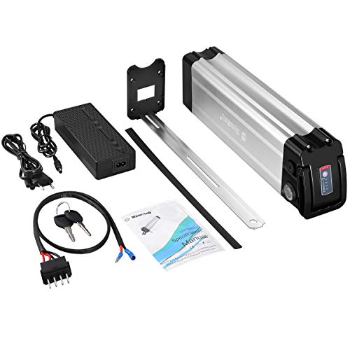YLuBik 36v Ebike Battery, Electric Bike 36V 17.5AH Lithium Battery Pack with 3A Charger and Safe Lock, Silver Aluminum Case Complete Installation Kit Max 750W (36V)