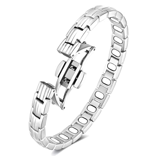 Feraco 5X Strength Magnetic Bracelets for Women, Stainless Steel Magnet Bracelet with Ultra Powerful 5000 Gauss Magnets, Upgraded Butterfly Clasp, Adjustable Jewelry Gift (Silver)