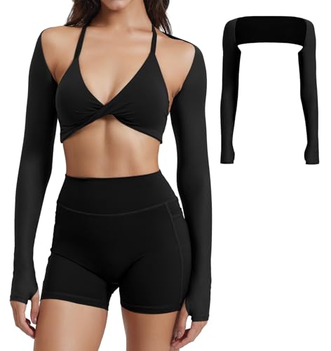 YEOREO Women Crop Top Long Sleeve Bolero Open Front Workout Bell Sleeve Cropped Shirts Sports Shrug Black L