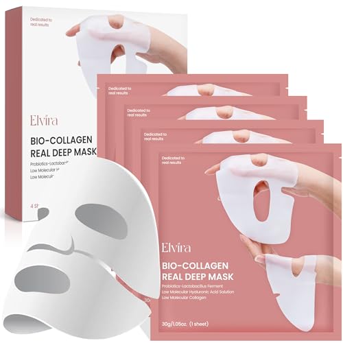 Elvira Bio-Collagen Face Mask - Deep Hydrating Overnight Face Mask, Korean Skincare, Facial Treatments & Masks for Women - Firming and Moisturizing, 4-Pack