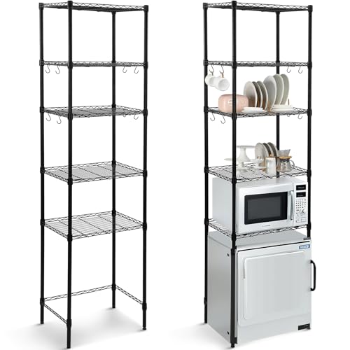 Huwena 5 Tier Mini Fridge Shelf Microwave Stand Heavy-Duty Adjustable Over Fridge Shelf Storage Rack, 8 Hook 25 Tube Heavy-Duty Stable Multilayer Metal Shelving Organizer for Dorm Apartment Kitchen