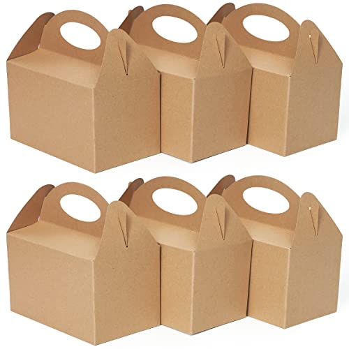 Happyhiram 50 Count Party Favor Boxes Kraft Brown, Treat Boxes with Handles 6" Gable Boxes Candy Party Favor Paper Gift Boxes for Kids Birthday Baby Shower Bridal Shower