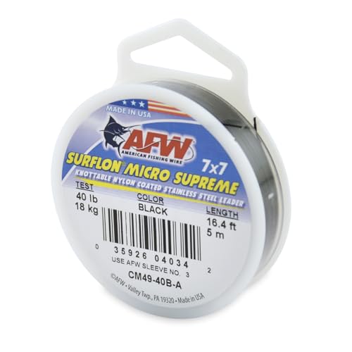 American Fishing Wire Surflon Micro Supreme, Nylon Coated 7x7 Stainless Steel Leader Wire, 40 lb Test, .024" Diameter, Black, 5 m