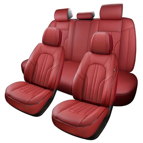 MINGBRON Red Car Seat Covers,Leather Car Seat Cover, Waterproof Seat Covers Full Set, Fit RAV4 Accord Altima Rogue CX5 CRV Wine Red