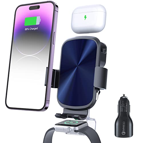 MAKAQI 3 in 1 Wireless Car Charger, Car Charger Mount for iPhone/Airpods/Apple Watch, Air Vent Dashboard Car Phone Holder for iPhone 16/15/14/13/12, Apple Watch SE 10-2, AirPods 4/3/2/Pro