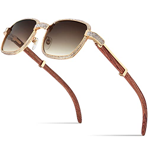 HEPIDEM 100% Really Buffalo Horn Luxury 720pcs Diamonds Buffs Sunglasses 7550180 (7550180 Wood Arm Gradient Tea Lens)