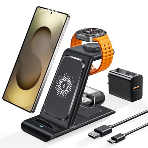 Wireless Charging Station for Samsung Wireless Charger Galaxy Watch 8/7/6/5/4/3 Active 2/1 Stand Galaxy S25 Ultra/S25/S24/S23/S22/S21/Note20/10 Z Fold Flip 7 Galaxy Buds3/2 Pro/Live Multiple Devices