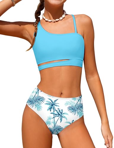 Queenstyle Girls Swimsuit Size 11 12 Bikini Set Kids Bathing Suits Cutout Blue Floral Print Two Piece Girls' Swimwear Size 11-12 Adjustable Shoulder Straps
