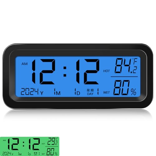 Car Dashboard Clock with Automatic Backlight at Night(Green & Blue), Temperature and Humidity Monitor, 12/24 Hour Format Time, Calendar, Solar Power and Type C Cable Charging for Car Truck
