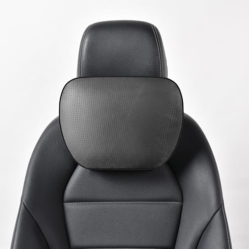 POKSRI Genuine Cowhide Leather Headrest car Neck Pillow,Head Support Rest Driver,11.8x7.5”Real Cow Leather,Suede,Plant-Based Polyester,refillable&Adjustable Travel Vehicle Cushion(Black,1p)