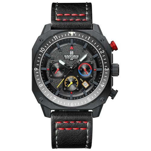 NAVIFORCE Men's Fashion Sport Watches Military Square Big Face Waterproof Chronograph Wristwatch with Luminous Hands,Leather Strap