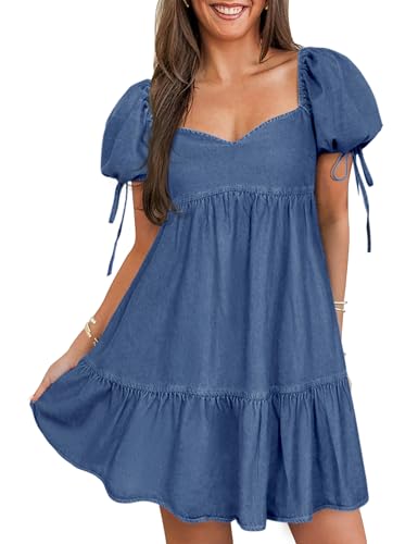 POTILI Denim Dress for Women Puff Short Sleeve Jean Dresses Sweetheart Neck Denim Mini Dress