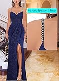 VFSHOW Womens Sexy Formal Prom Ruched Hight Slit Spaghetti Strap Maxi Dress 2024 Sweetheart Cocktail Wedding Guest Glitter Fitted Bodycon Evening Long Gown (Navy Blue, Large) 11181 BLU L