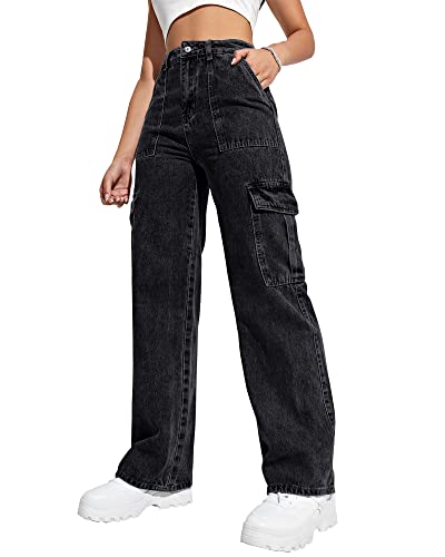 Flvsun Women's Cargo Pants High Waisted Baggy Cargo Jeans Straight Leg Y2K Streetwear Trousers with 6 Pockets for Women Teen Girl M-Black.