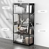 BROTTAR Display Cabinet with Glass Doors, 4-Tier Curio Cabinet with 3 Color Lights for Collectibles, Glass Display Case with Human Body Sensor, Storage Cabinet, Black