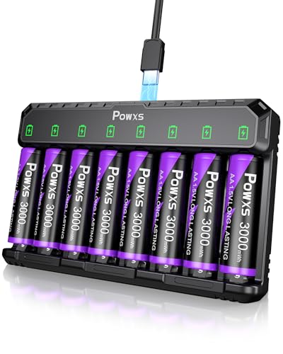 POWXS Rechargeable AA Batteries with Charger | 8 x 3000mAh Rechargeable Lithium AA Batteries, Ideal for Gaming Devices and Blink Cameras, Compatible with AA/AAA, Efficient Charging