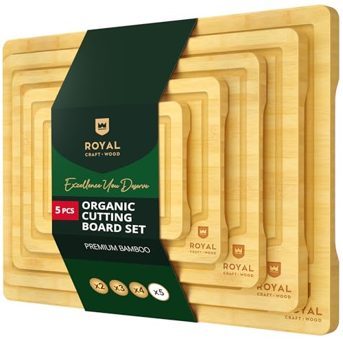ROYAL CRAFT WOOD Wooden Serving Boards for Kitchen Meal Prep&Bamboo Wood Cutting Board Set with Deep Juice Groove Side Handles-Charcuterie & Chopping Butcher Block for Meat-Kitchen Gadgets Gift (5Pcs)