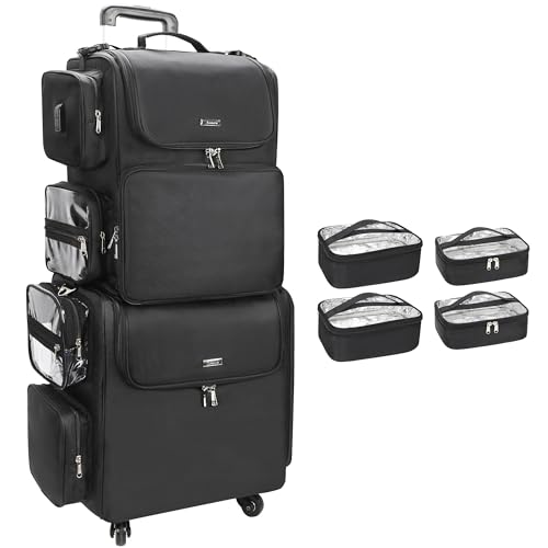Relavel Rolling Makeup Train Case with Hair Stylist Backpack, Hairstylist Traveling Bag with 4 Wheels, Heat Insulation Full Layer, Adjustable Dividers, Hair Tools and Cosmetics Storage Organizer