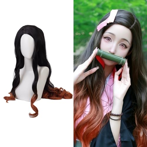 Aadesso Anime Nezkou Cosplay wig Gradual Hair Dyeing Hairstyle Heat Resistant Synthetic Hair Halloween with pink ribbon
