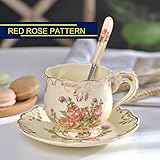 YOLIFE Ivory Pink Rose Tea Cups and Saucers Set of 6, 8 oz Vintage Floral Porcelain Tea Cups Set, Coffee Cups with Golden Rack