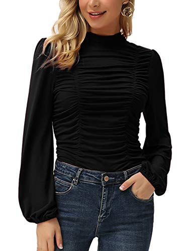 Long Sleeve Blouse for Women Pleated Front Fitted High Neck Shirt Top Black XL